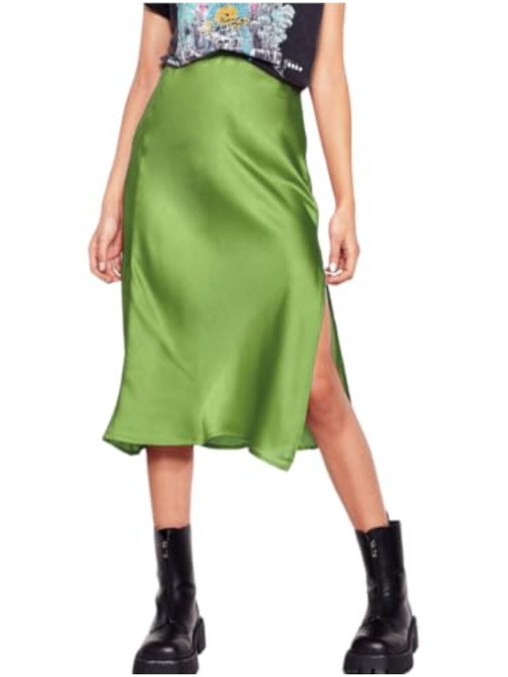 Satin High-Waist Elastic Midi Skirt Bodycon Slit Hem Silk A-Line Maxi Skirt